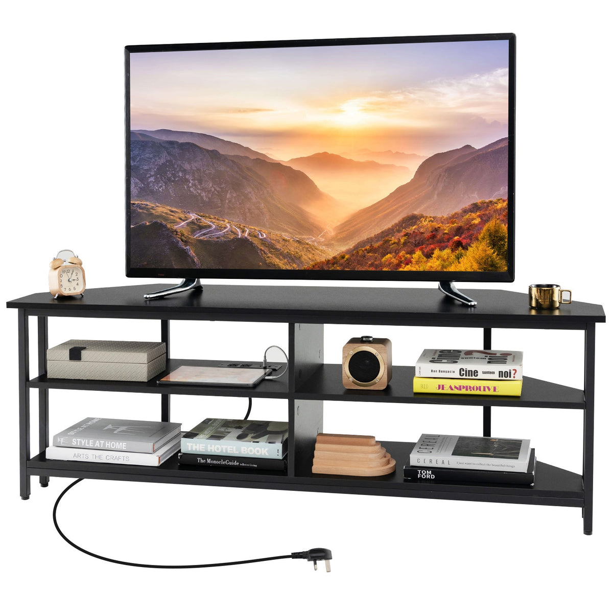 Corner TV Stand with AC Outlets and Storage Shelves-Black