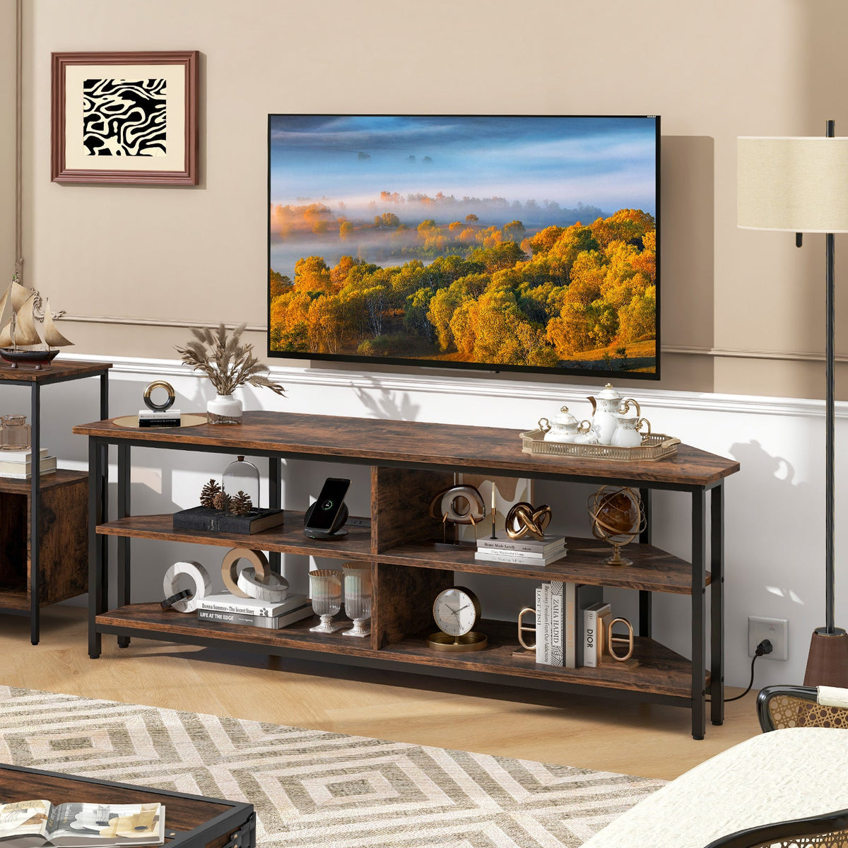 Corner TV Stand with AC Outlets and Storage Shelves-Black