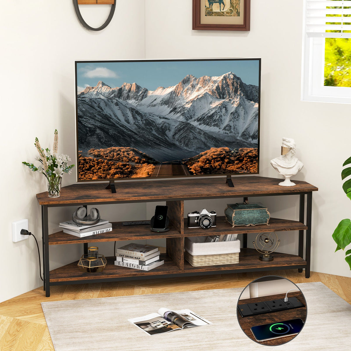 Corner TV Stand with AC Outlets and Storage Shelves-Black