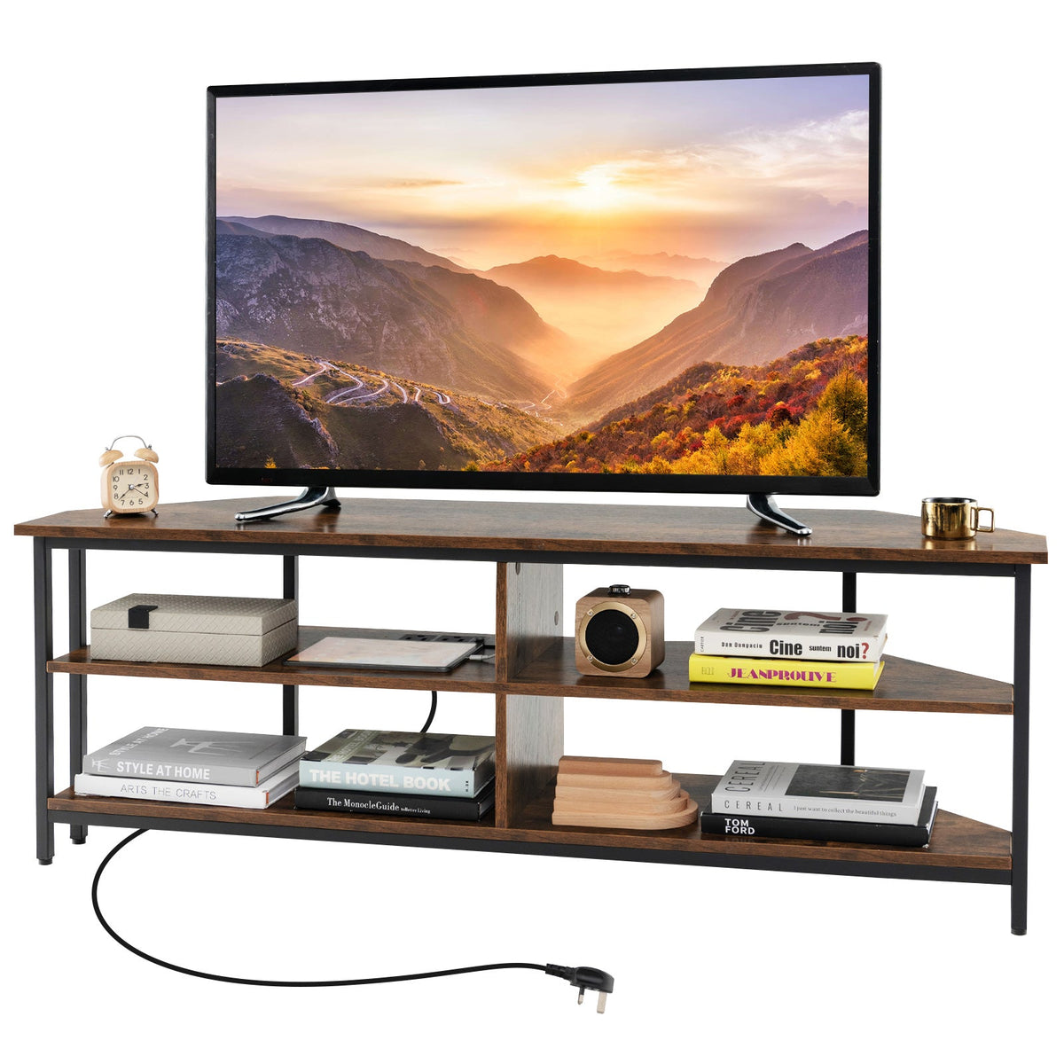 Corner TV Stand with AC Outlets and Storage Shelves-Black