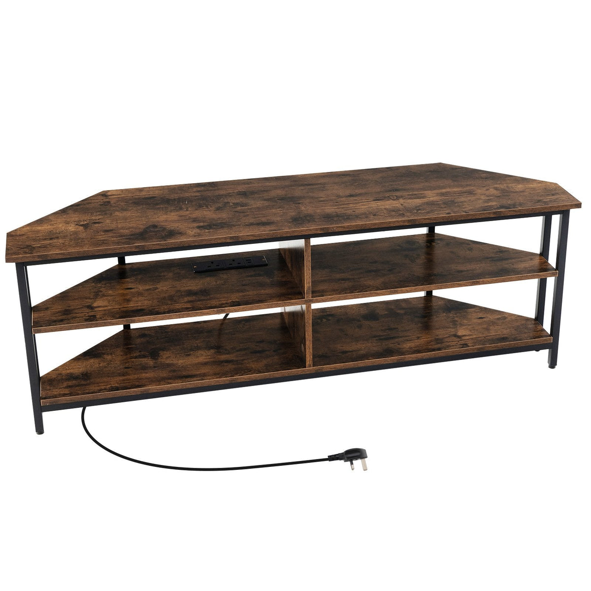 Corner TV Stand with AC Outlets and Storage Shelves-Black