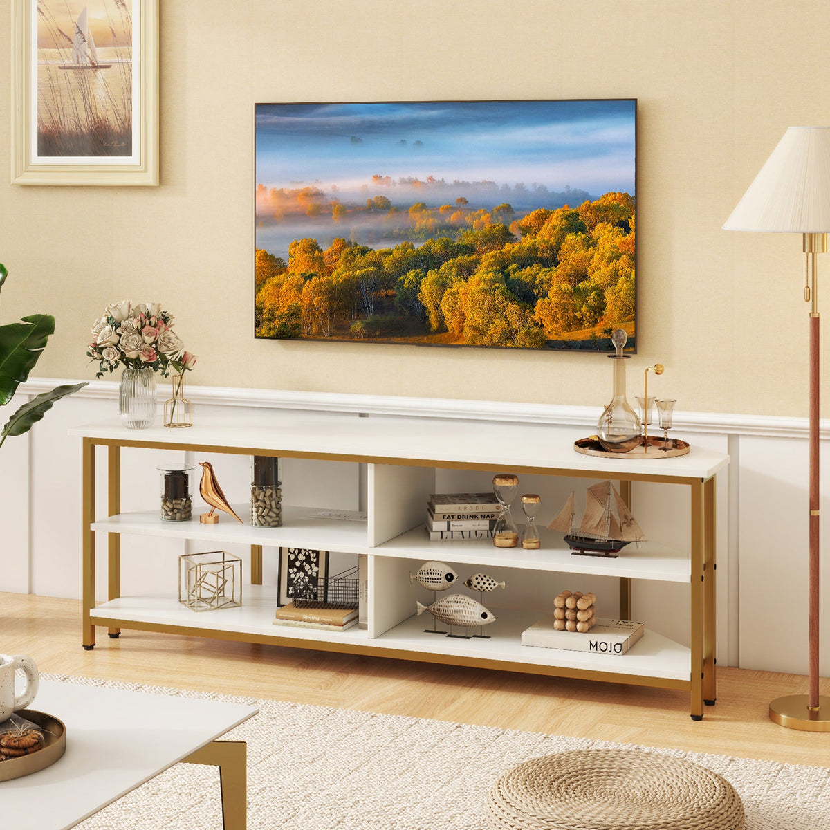 Corner TV Stand with AC Outlets and Storage Shelves-Black