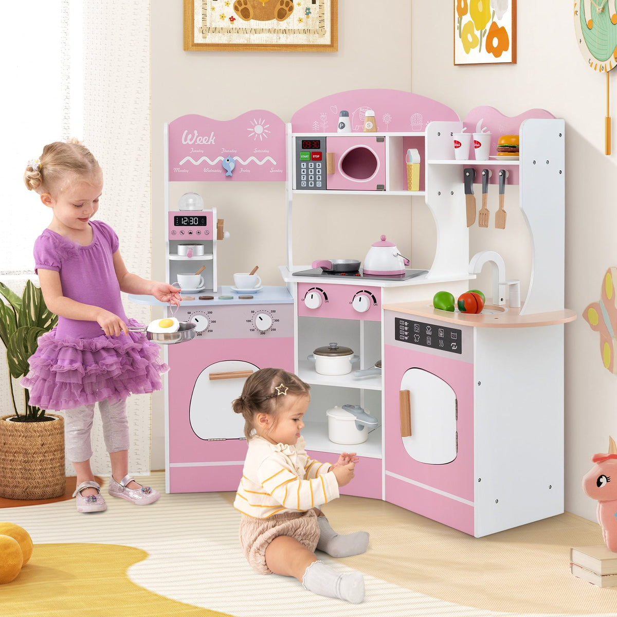 Kids Corner Wooden Play Kitchen with Coffee Machine Slide Microwave-Brown