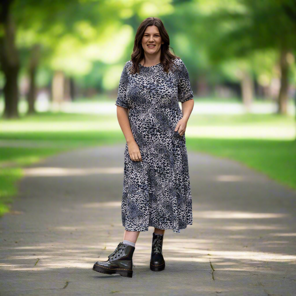 Grey Leopard Cotton Breastfeeding Midi Dress - Discreet Nursing Access | MilkyMoon