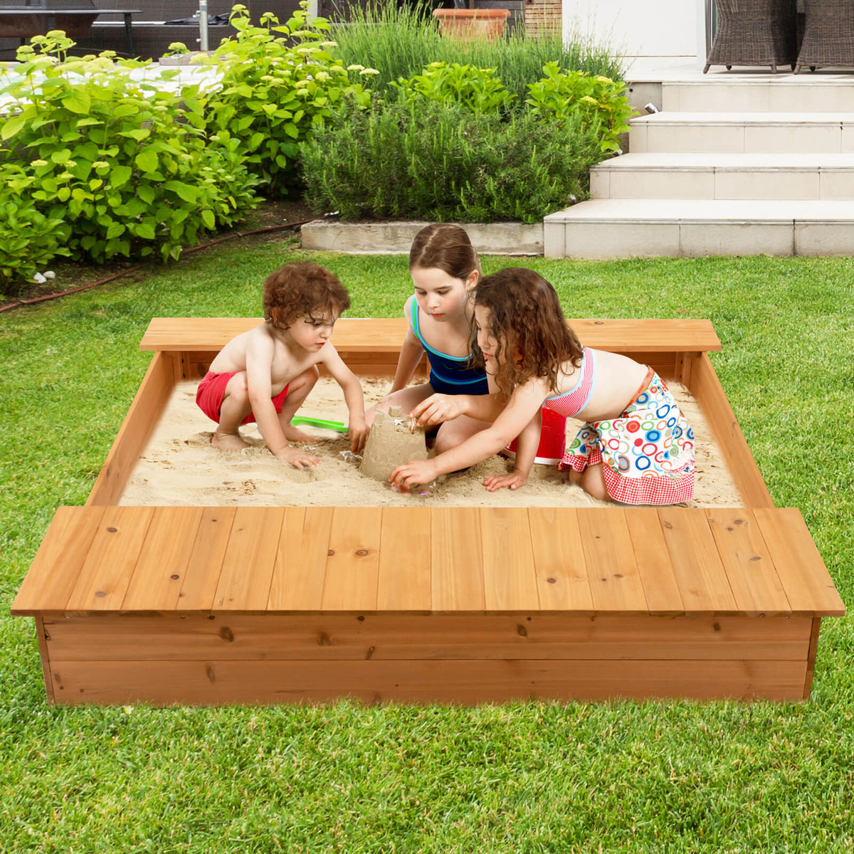 Covered Wooden Kids Sandbox with 2 Storage Boxes and Bottomless Design
