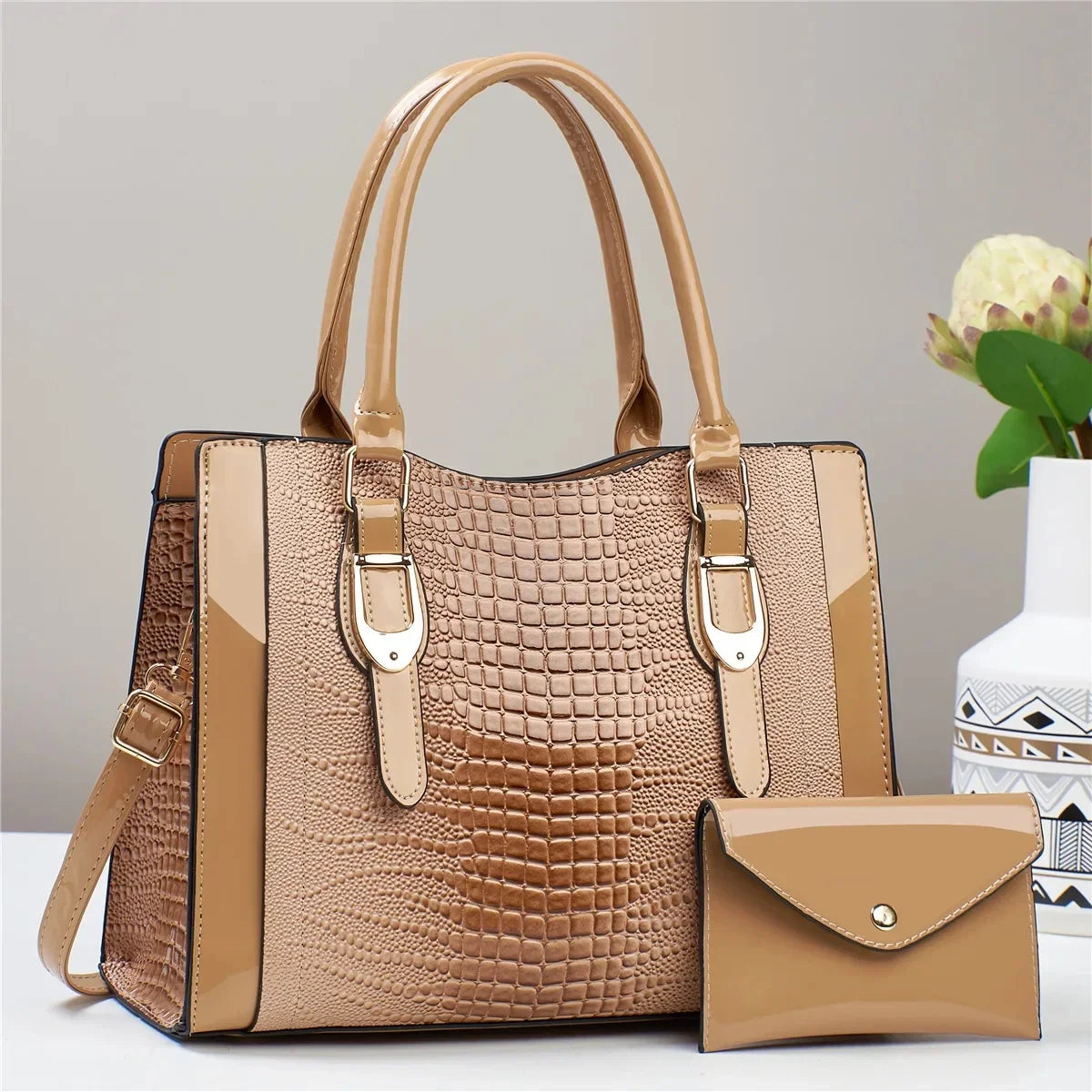 Large Capacity Crocodile Pattern Handbag PU Leather Shoulder Purse and Bag Set