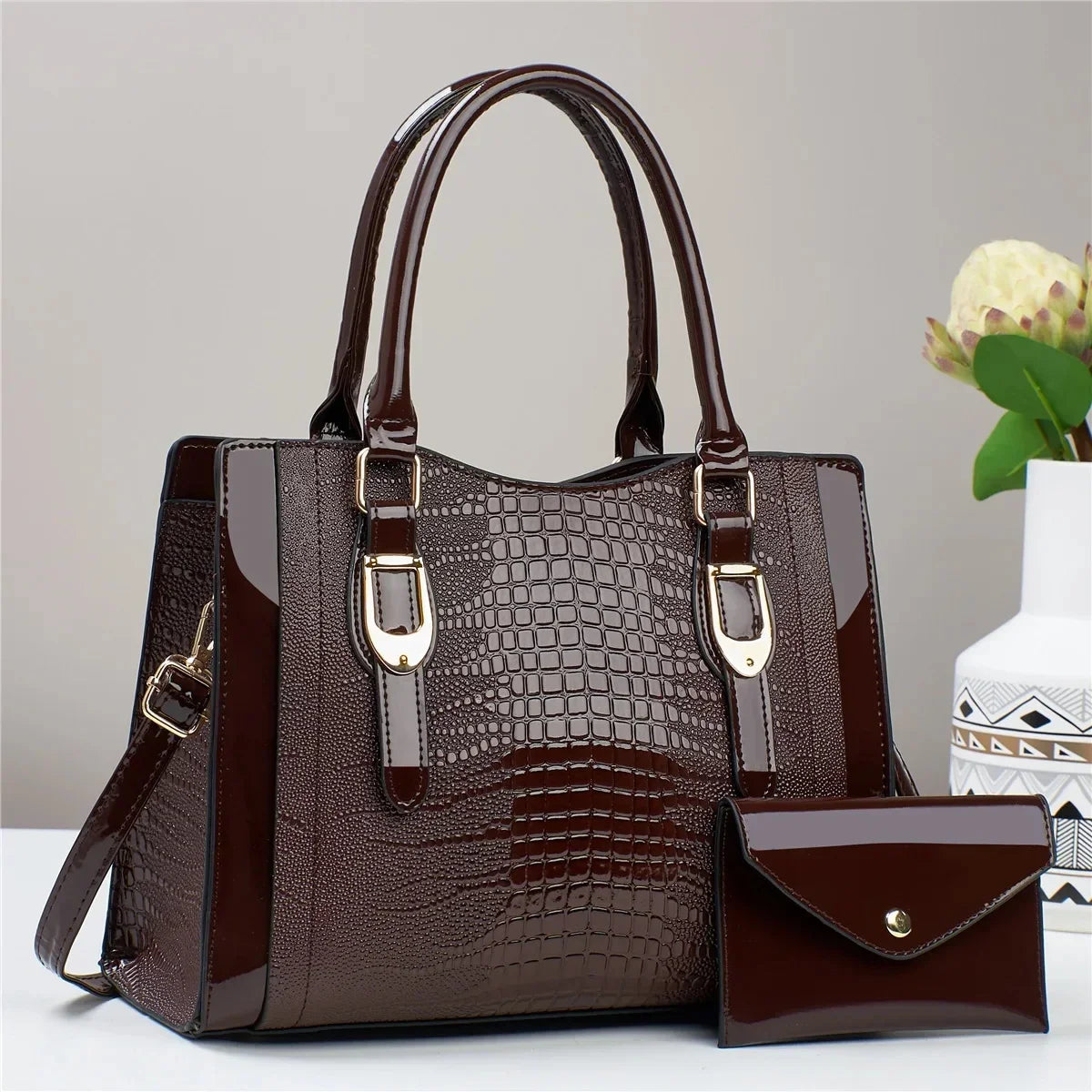 Large Capacity Crocodile Pattern Handbag PU Leather Shoulder Purse and Bag Set
