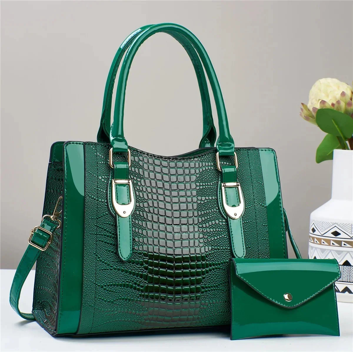 Large Capacity Crocodile Pattern Handbag PU Leather Shoulder Purse and Bag Set