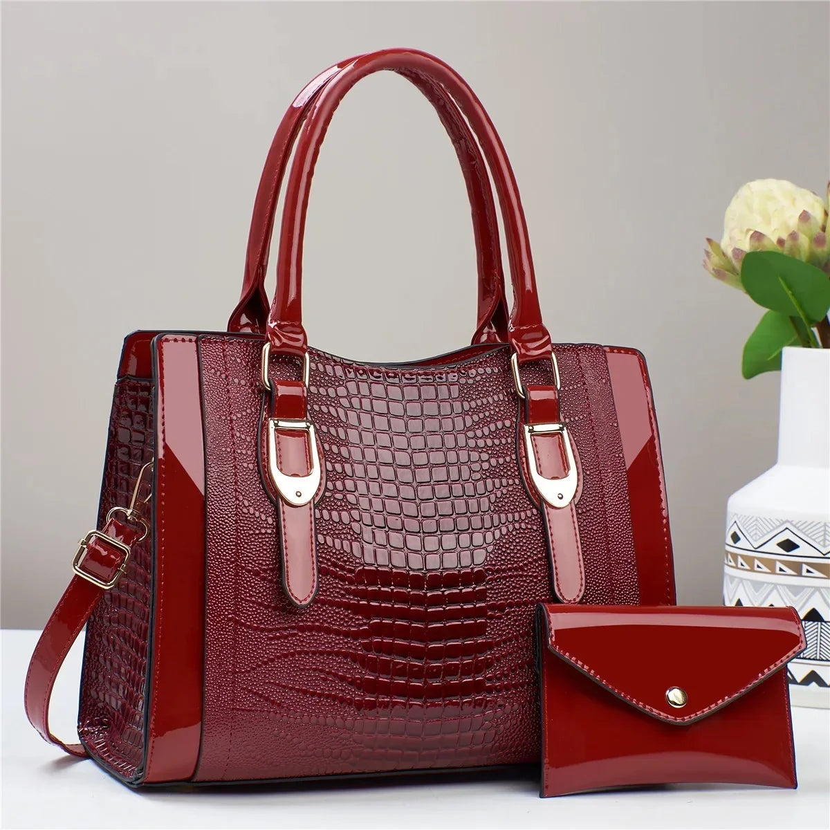 Large Capacity Crocodile Pattern Handbag PU Leather Shoulder Purse and Bag Set