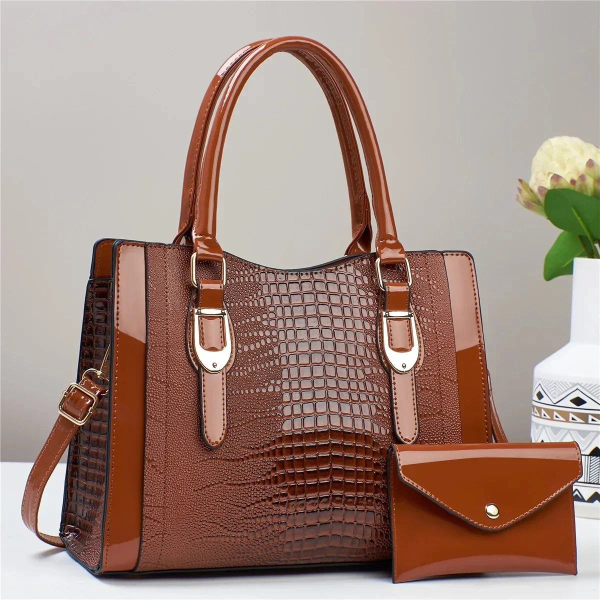 Large Capacity Crocodile Pattern Handbag PU Leather Shoulder Purse and Bag Set