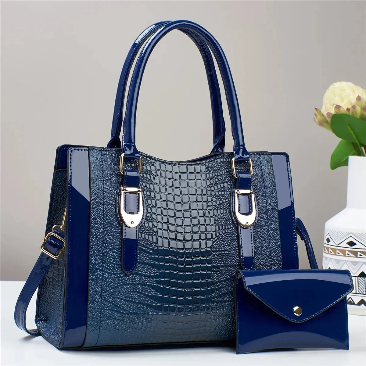 Large Capacity Crocodile Pattern Handbag PU Leather Shoulder Purse and Bag Set