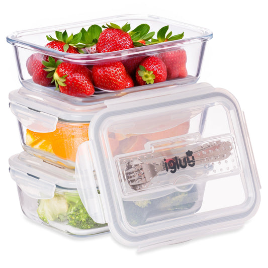 Glass Meal Prep Containers with Cutlery Lid | 1050ml | Set of 3