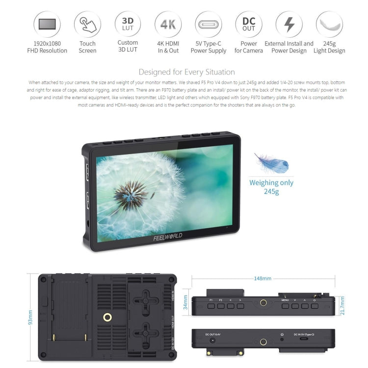 FEELWORLD F5 Pro V4 6" Touch Screen Field Monitor | 4K HDMI | 3D LUT | Tilt Arm