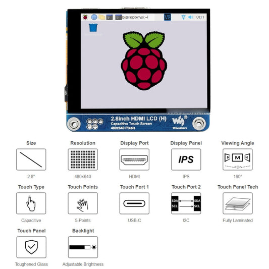 Pantalla LCD HDMI IPS (H) de 2.8 pulgadas 480x640 de Waveshare con laminado completo