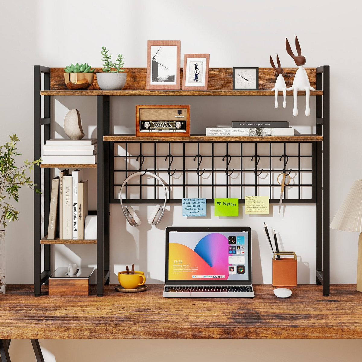 Desktop Bookshelf with 4 Open Storage Shelves for Computer Monitor Up to 32 Inch-Black