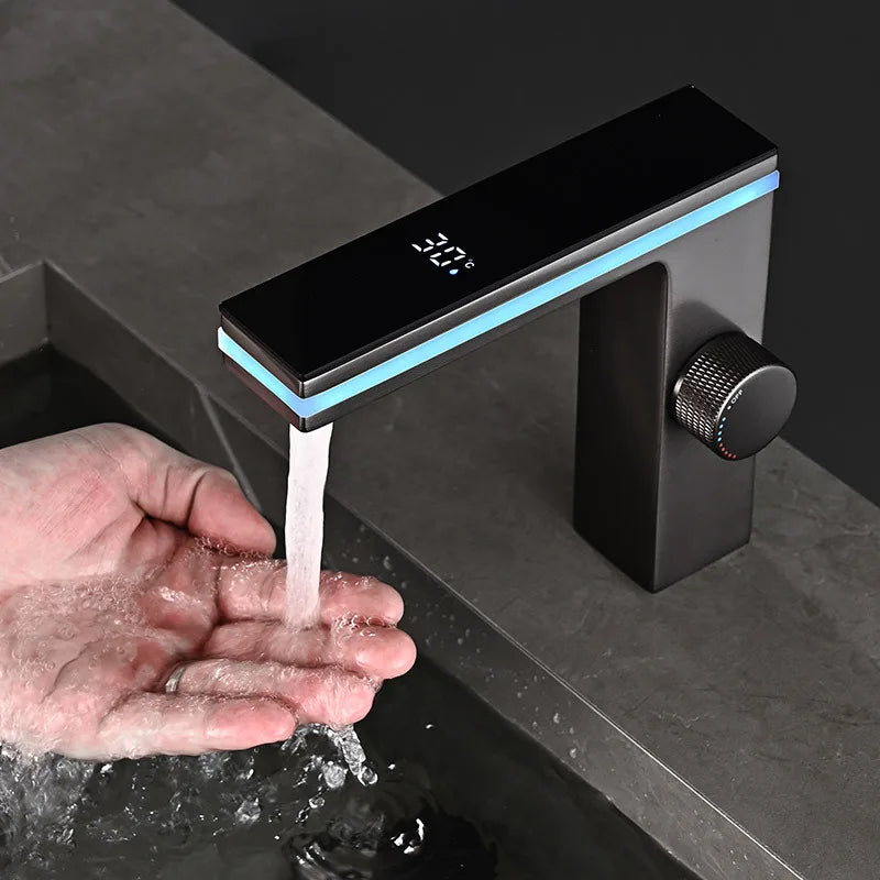Digital Display LED Bathroom Basin Tap Faucet Smart Temperature Mixer Hot Cold