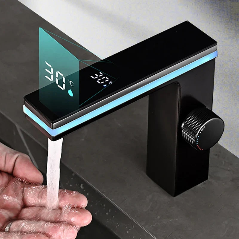Digital Display LED Bathroom Basin Tap Faucet Smart Temperature Mixer Hot Cold