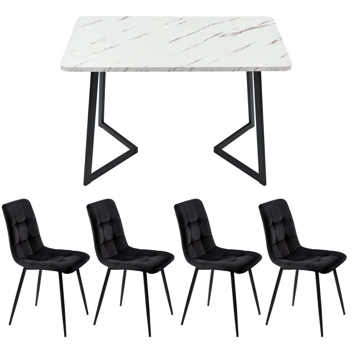 Modern Marble Effect Dining Table Set with 4 Soft Velvet Chairs Black