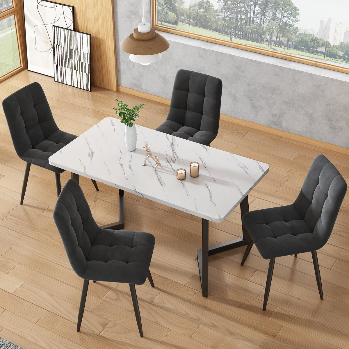 Modern Marble Effect Dining Table Set with 4 Velvet Chairs Dark Grey