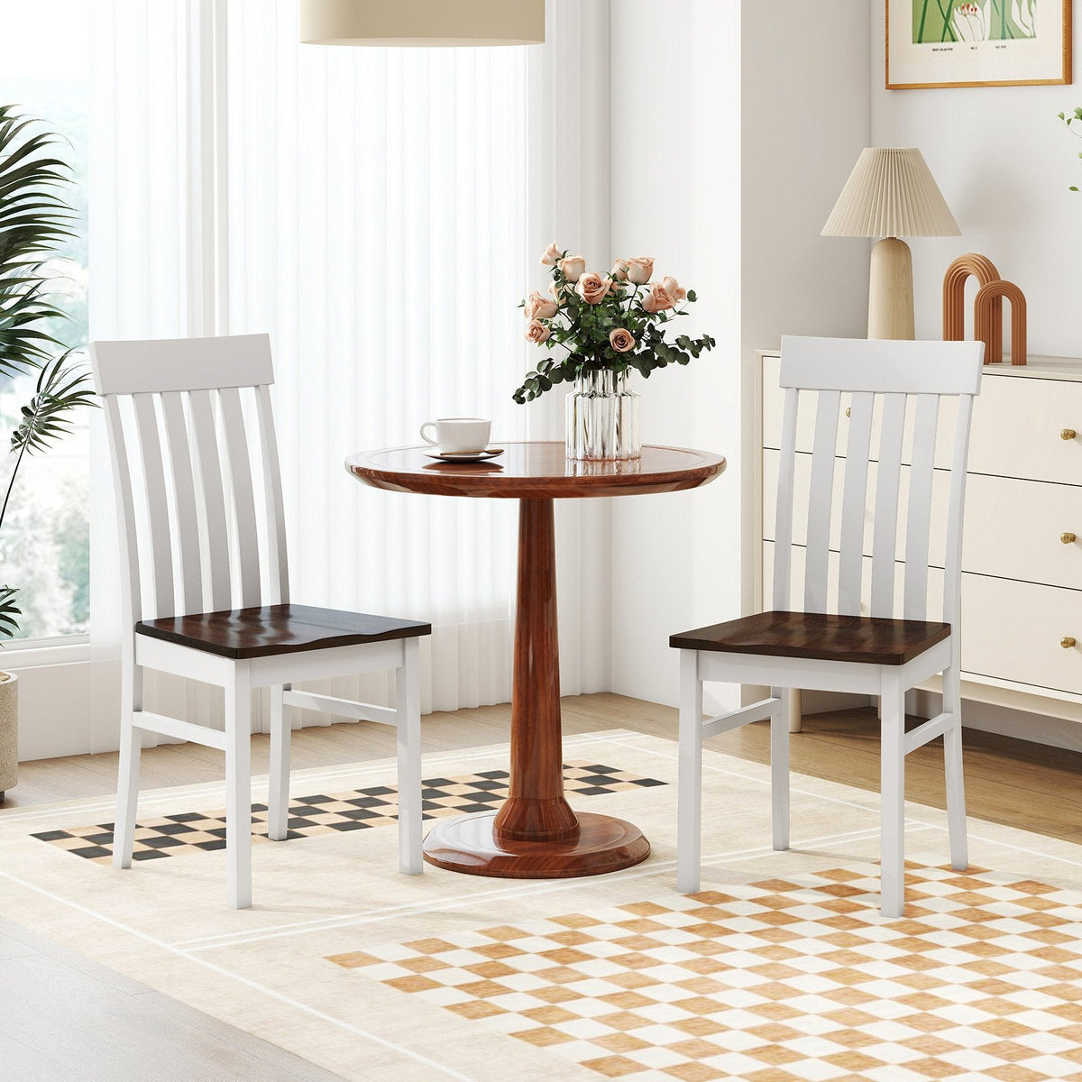 Dining Chairs Set of 2 with Hollowed Backrests and Rubber Wood Seats-White