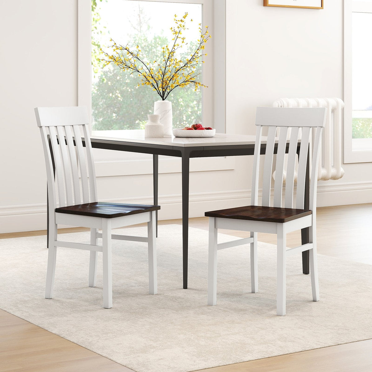 Dining Chairs Set of 2 with Hollowed Backrests and Rubber Wood Seats-White