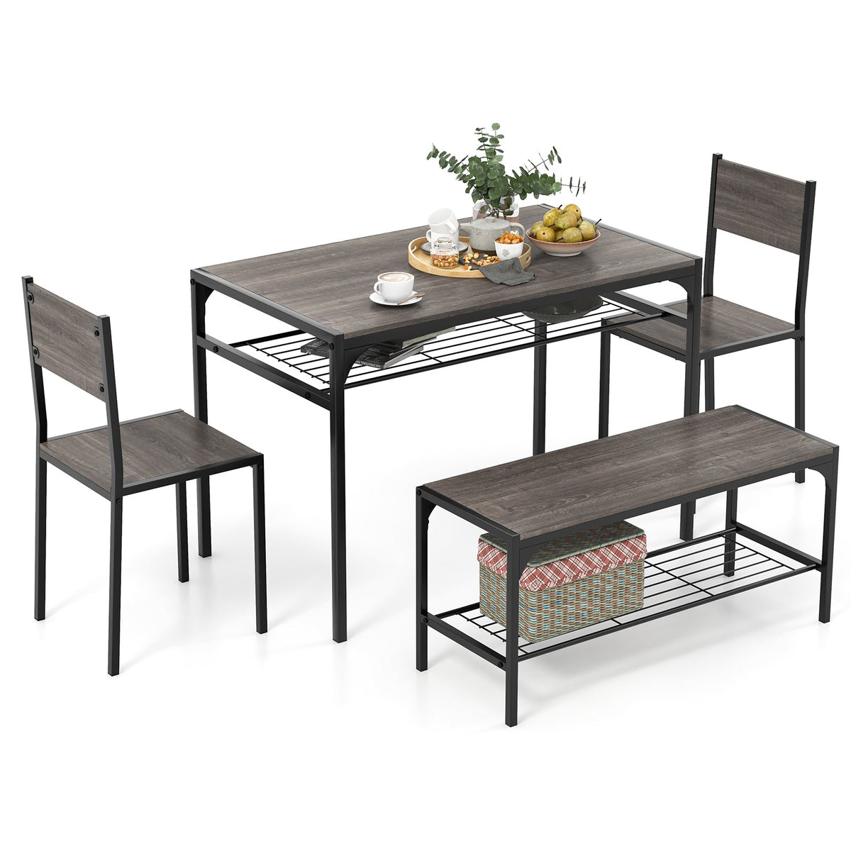 Dining Table Set for 4 with Storage Racks and Metal Frame-Grey