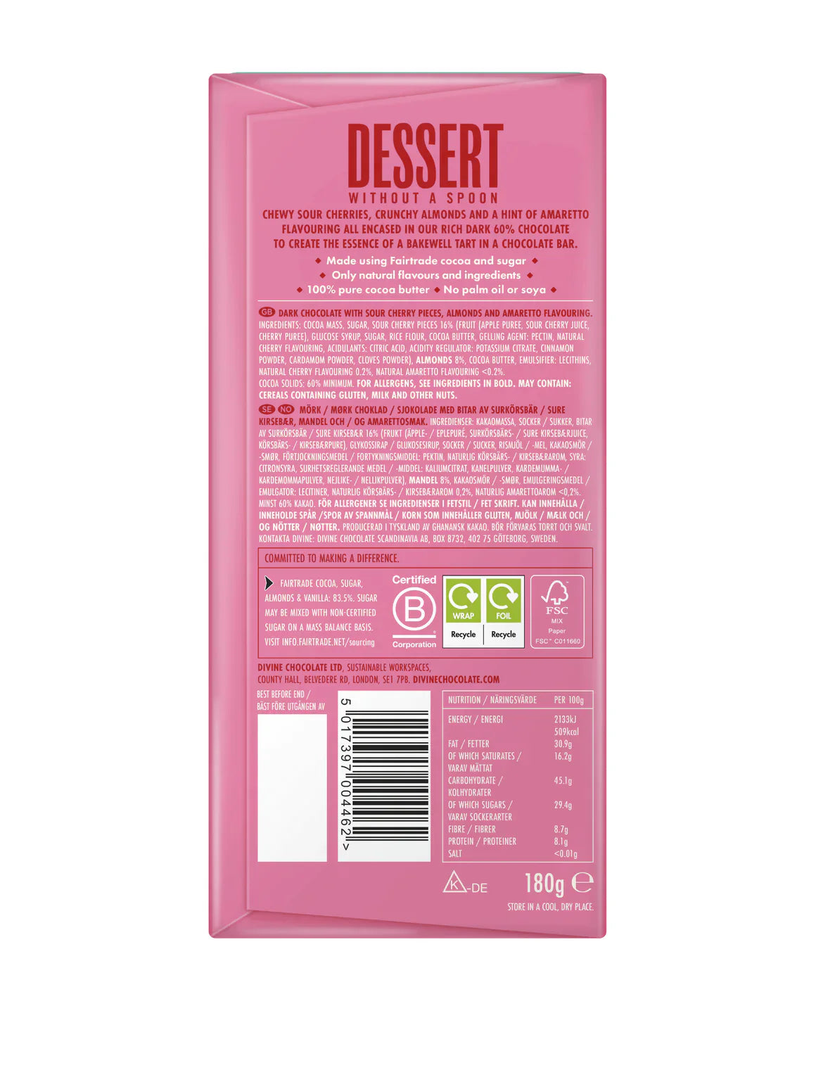 Divine 60% Zartbitter Schokolade Kirsche & Mandel Bakewell Riegel 180g