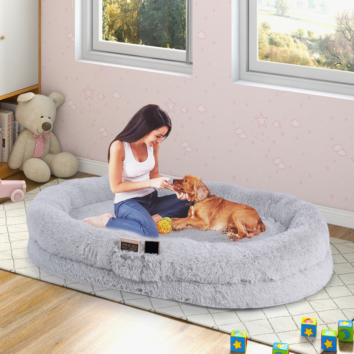 Human Dog Bed with Soft Blanket and Present Plump Pillow-Brown