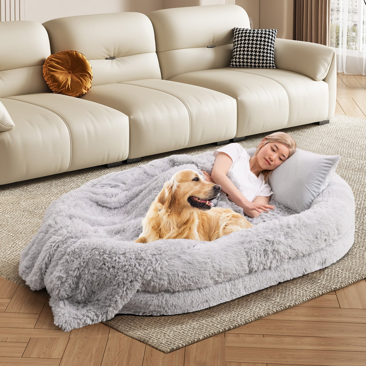 Human Dog Bed with Soft Blanket and Present Plump Pillow-Brown