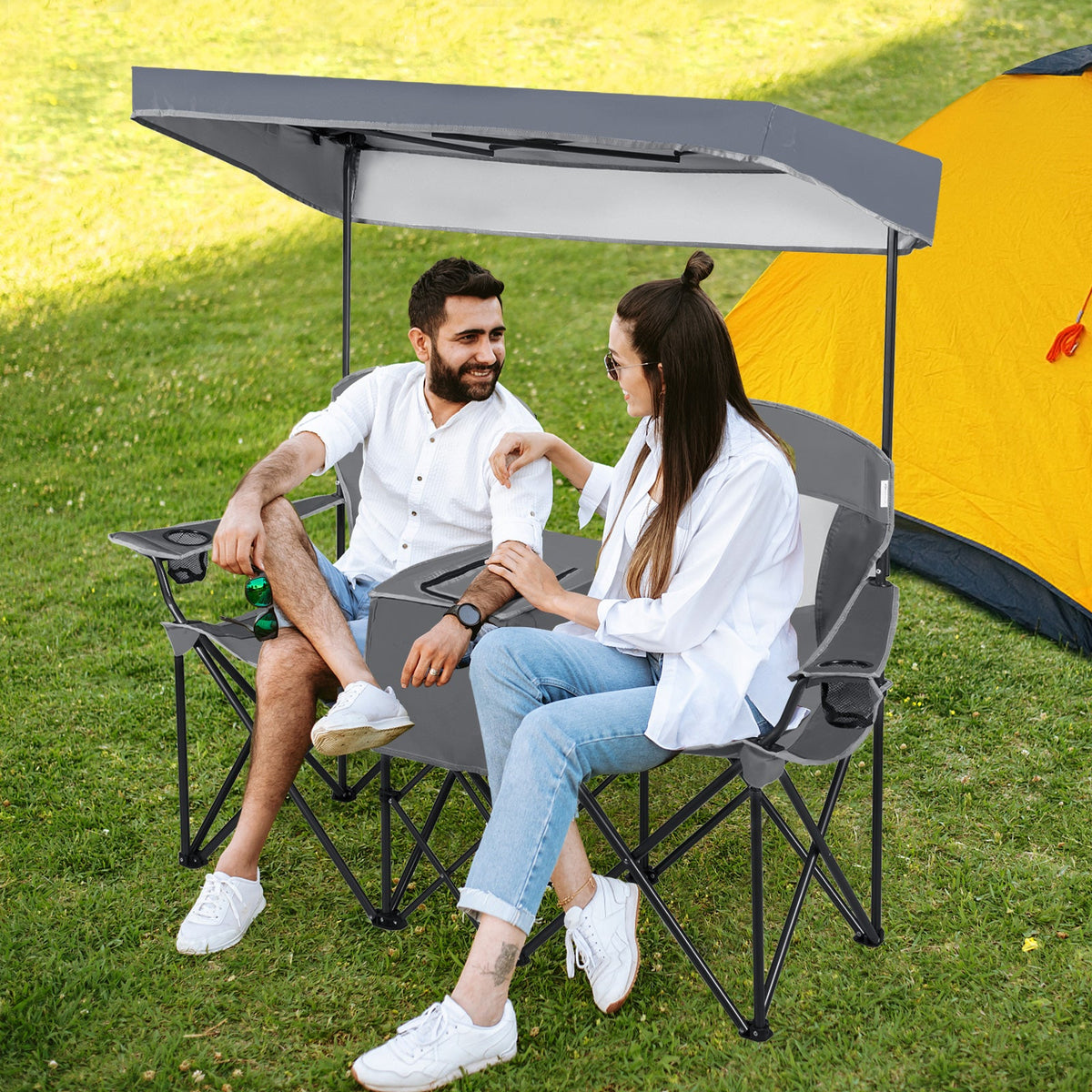 Double Folding Camping Chair with Canopy and Armrests-Blue