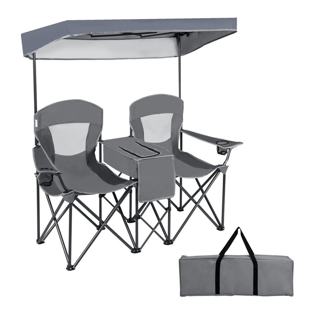 Double Folding Camping Chair with Canopy and Armrests-Blue