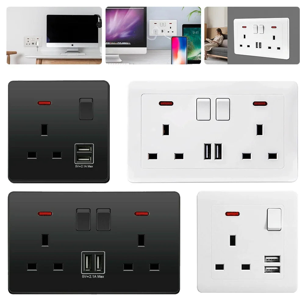 Dual Wall Socket with 2 USB Ports Flat Plate Power Outlet 2 Gang 13A White Black