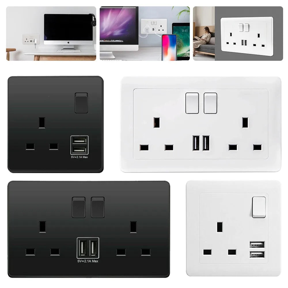 Dual Wall Socket with 2 USB Ports Flat Plate Power Outlet 2 Gang 13A White Black