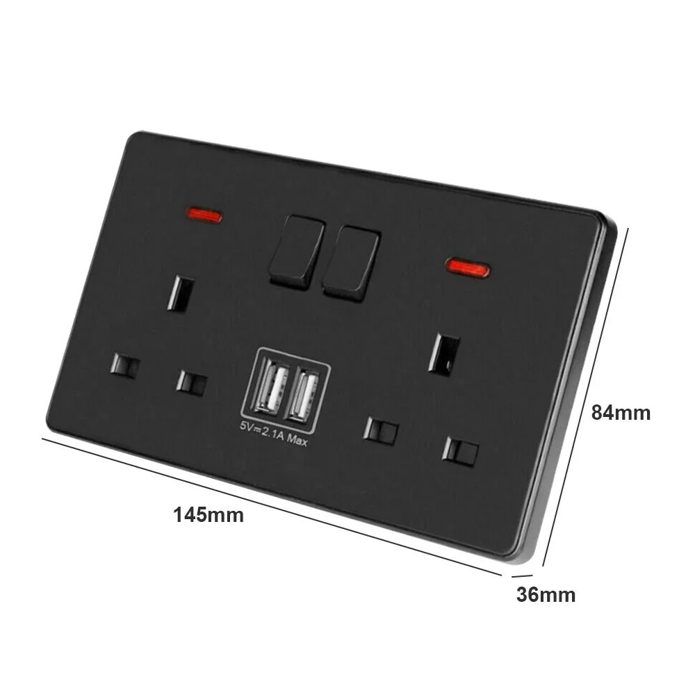 Dual Wall Socket with 2 USB Ports Flat Plate Power Outlet 2 Gang 13A White Black