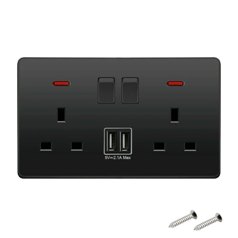 Dual Wall Socket with 2 USB Ports Flat Plate Power Outlet 2 Gang 13A White Black