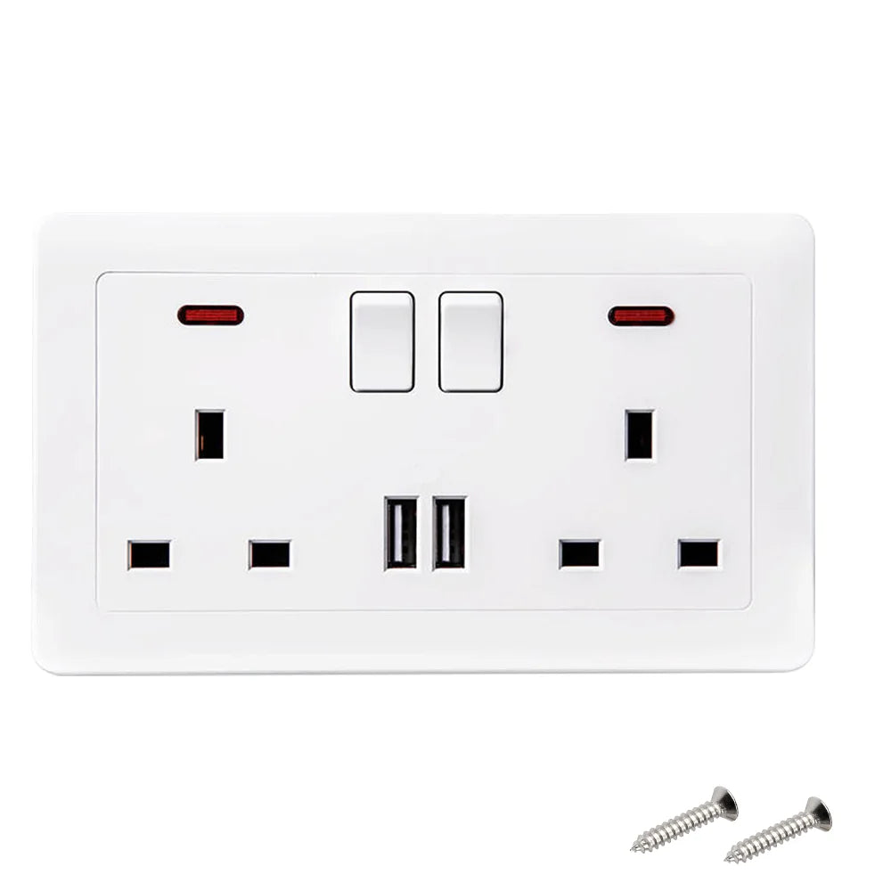 Dual Wall Socket with 2 USB Ports Flat Plate Power Outlet 2 Gang 13A White Black