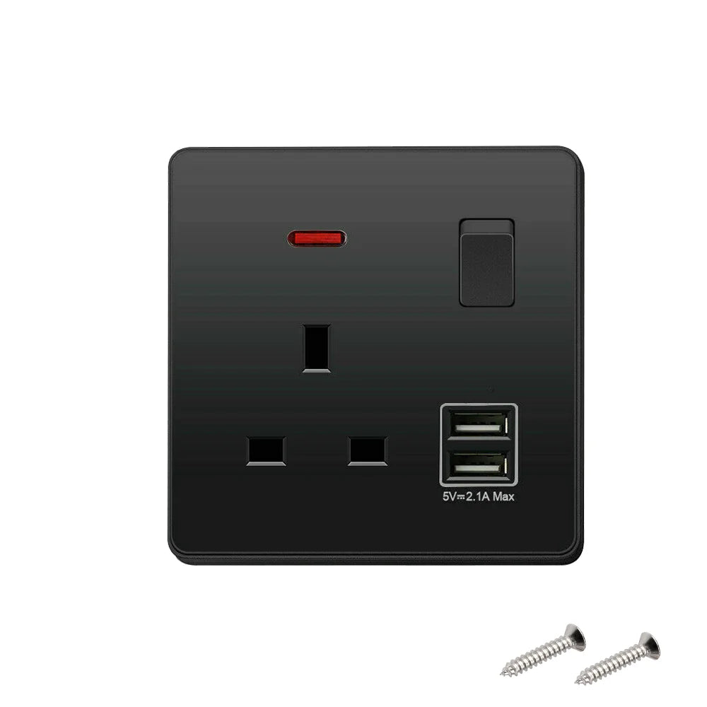 Dual Wall Socket with 2 USB Ports Flat Plate Power Outlet 2 Gang 13A White Black