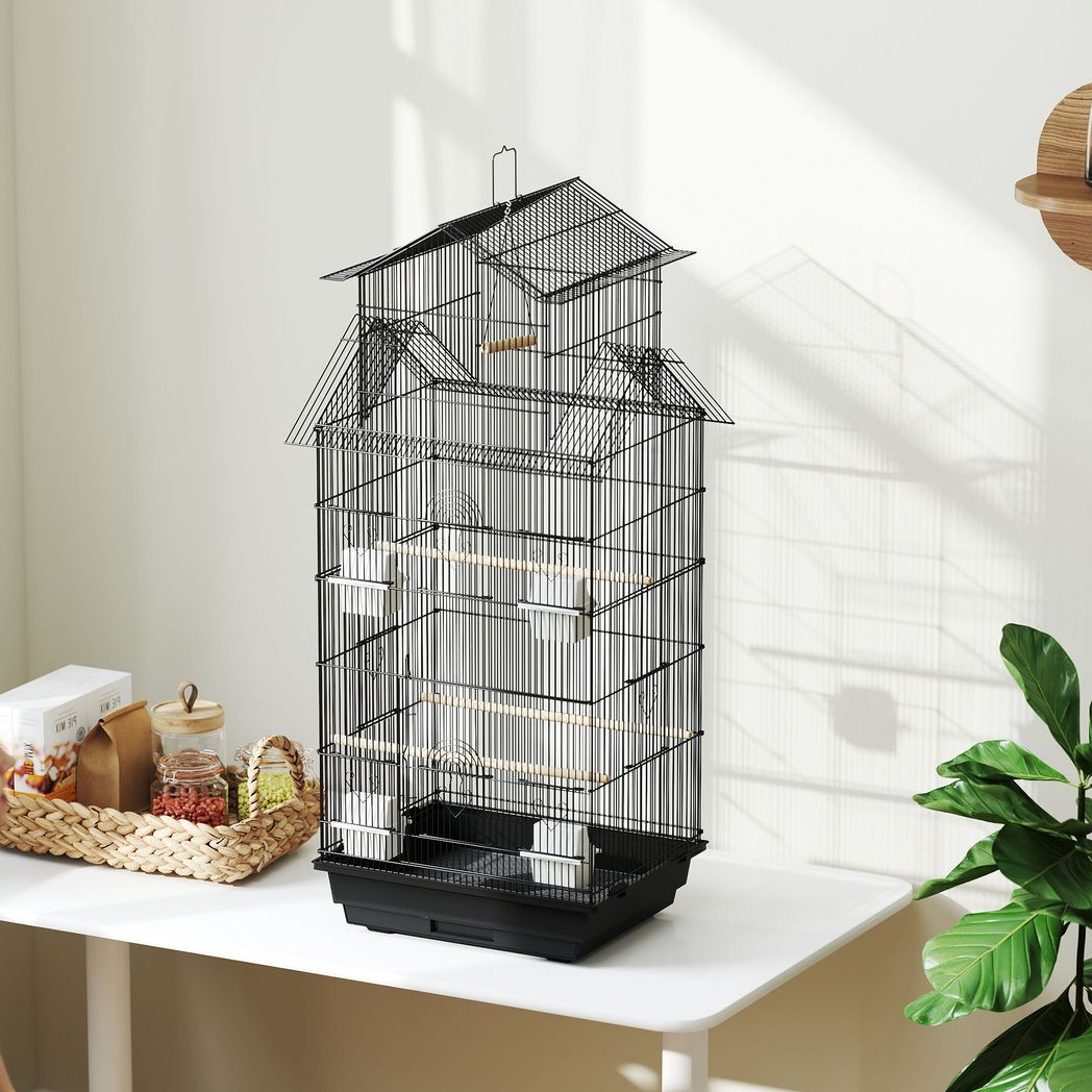 PawHut Metal Bird Cage with Perch, Food Containers & Handle — For Finch, Canary & Budgie