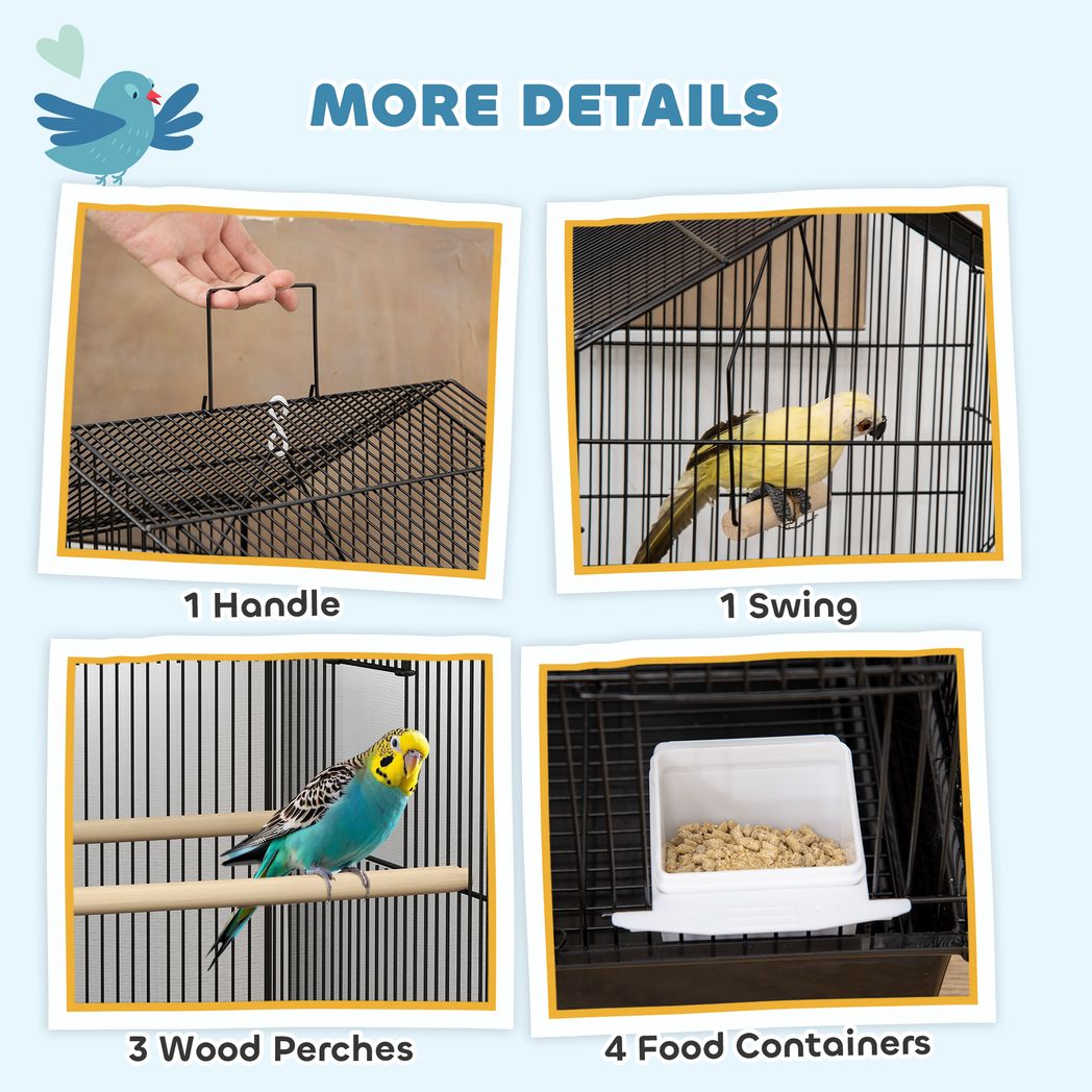 PawHut Metal Bird Cage with Perch, Food Containers & Handle — For Finch, Canary & Budgie