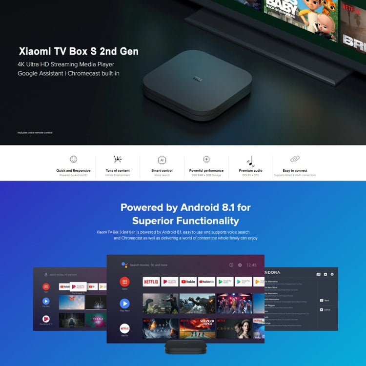 Xiaomi TV Box S 2nd Gen 4K HDR Google TV mit Google Assistant Fernbedienung Streaming Media Player, Cortex-A55 Quad-Core 64bit, 2GB+8GB, Google TV, EU-Version, TV Box S 2nd Gen