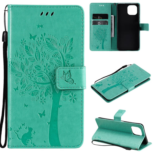 Estuche de cuero de PU con patrón de árbol y gato con estampado en relieve, horizontal, con tapa, soporte, ranuras para tarjetas, billetera y cordón, para Xiaomi Mi 11 Lite 5G, para Xiaomi Mi 11 Pro