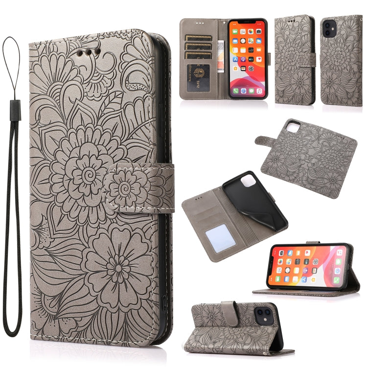 Sunflower Embossed Leather iPhone Case with Card Slots, Wallet & Lanyard