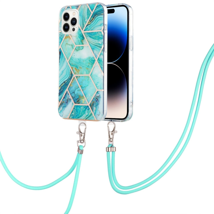 Marble Pattern iPhone 14 Case with Neck Lanyard | Shockproof TPU | Electroplated Finish