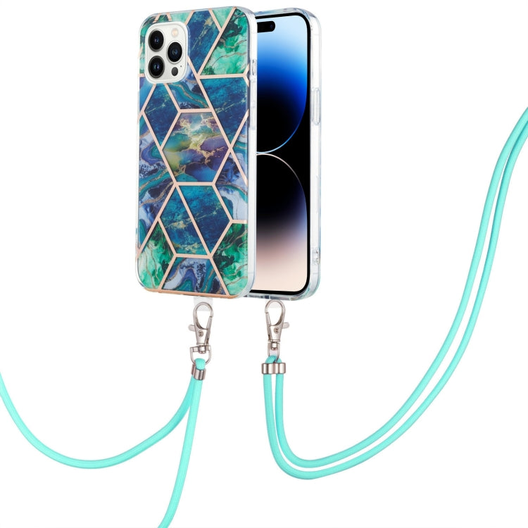 Marble Pattern iPhone 14 Case with Neck Lanyard | Shockproof TPU | Electroplated Finish