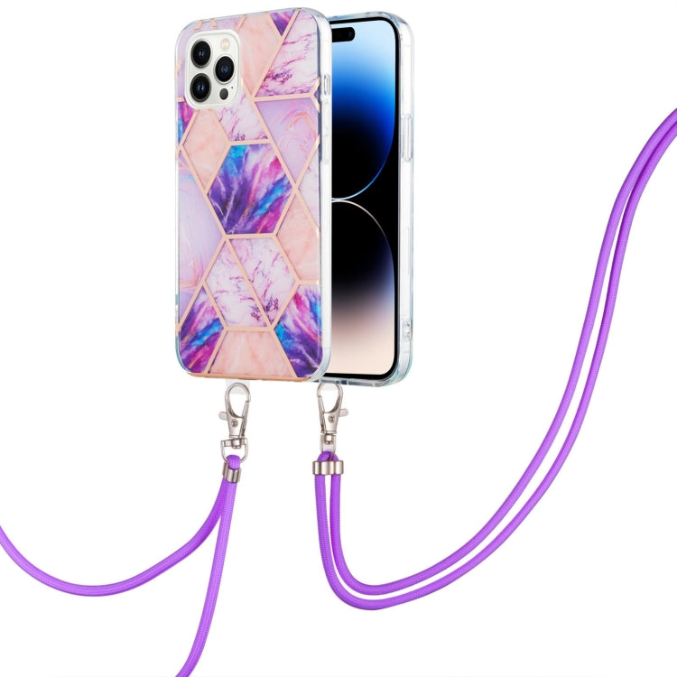 Marble Pattern iPhone 14 Case with Neck Lanyard | Shockproof TPU | Electroplated Finish