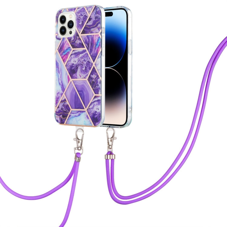 Marble Pattern iPhone 14 Case with Neck Lanyard | Shockproof TPU | Electroplated Finish
