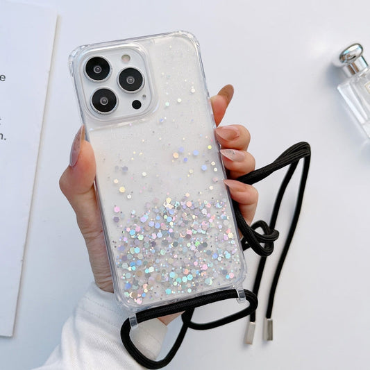 Glitter Epoxy Clear Phone Case with Lanyard for iPhone 13 Pro | iPhone 13 Pro Max | iPhone 12 Mini