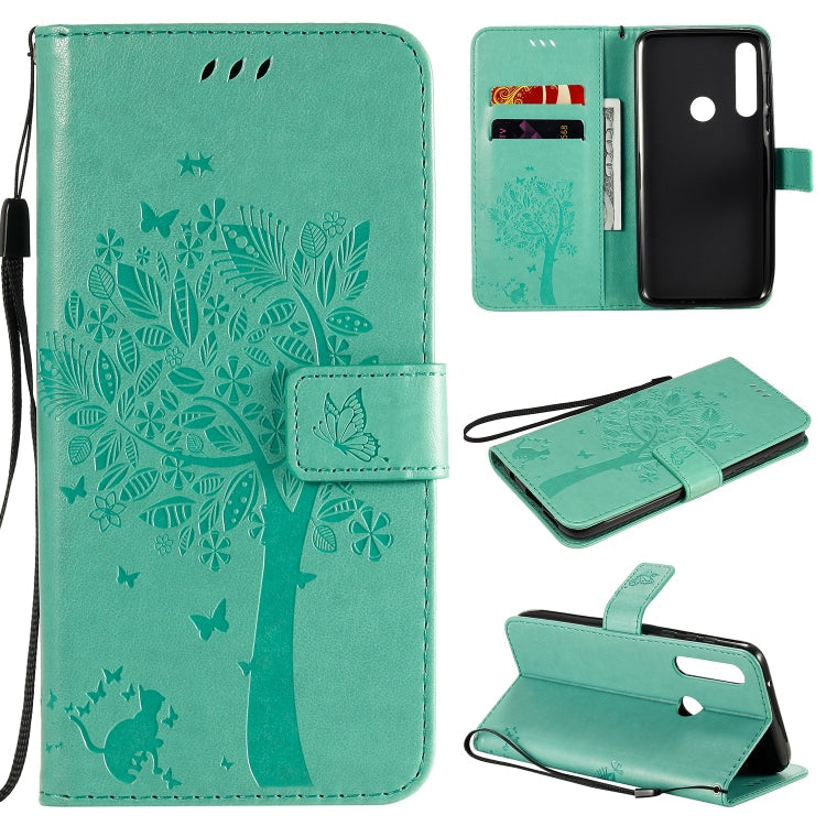 Baum- und Katzenmuster geprägte horizontale Flip-Lederhülle mit Halterung, Kartenfächern, Brieftasche und Umhängeband, für Motorola Moto G Power, für Motorola Moto G8 Power Lite