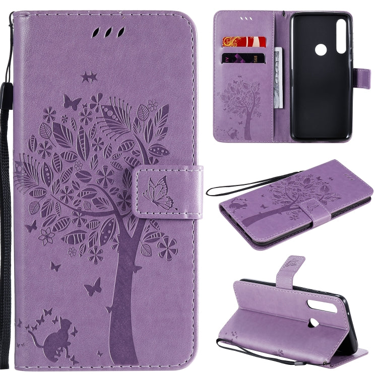 Baum- und Katzenmuster geprägte horizontale Flip-Lederhülle mit Halterung, Kartenfächern, Brieftasche und Umhängeband, für Motorola Moto G Power, für Motorola Moto G8 Power Lite