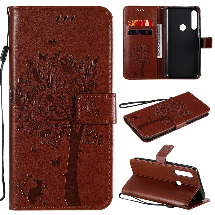 Baum- und Katzenmuster geprägte horizontale Flip-Lederhülle mit Halterung, Kartenfächern, Brieftasche und Umhängeband, für Motorola Moto G Power, für Motorola Moto G8 Power Lite